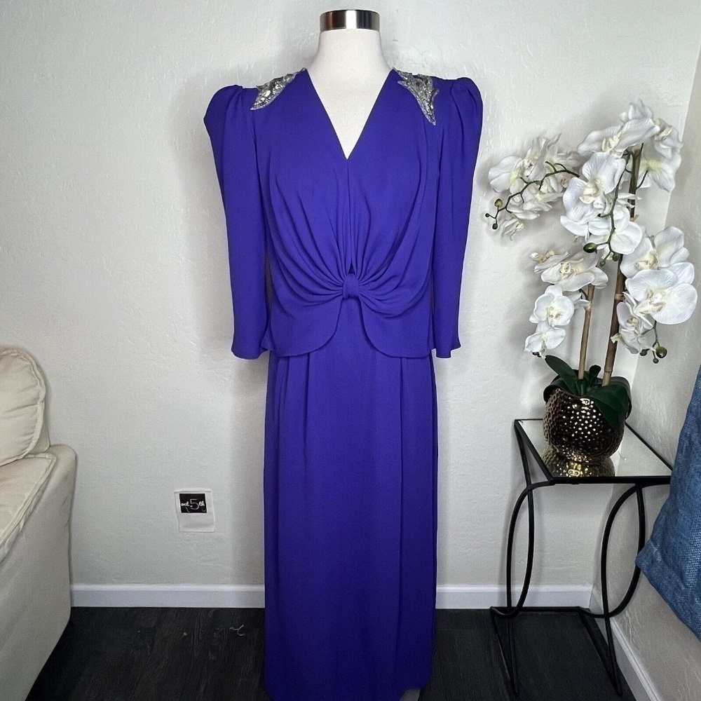 VINTAGE 70’s Miss Elliette Chiffon Formal Gown in purple sequins appliqué 12